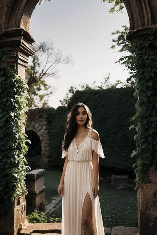 A 21-year-old beautiful Moroccan woman in modern clothes, standing in a mystical and magical surrounding. The scene should emphasize photorealism with a rating of 1.4. Her modern attire includes a stylish, flowing dress with intricate patterns, and she has long, dark hair cascading over her shoulders. The background is an enchanting landscape with glowing, ethereal lights, ancient ruins partially covered in ivy, and a starry night sky that adds to the magical ambiance. Her expression is serene and captivating, reflecting the mystique of her surroundings.,Samira