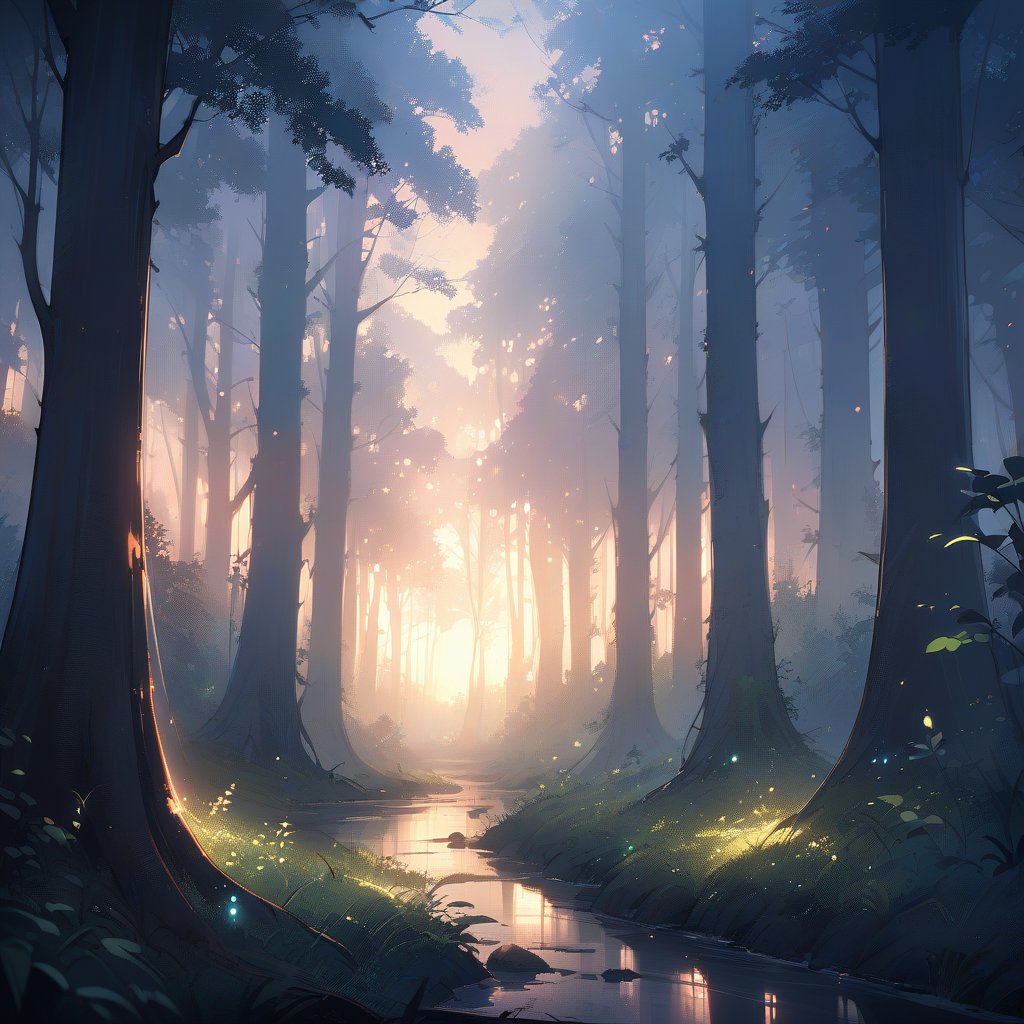 A serene forest landscape at dawn, with soft, diffused light filtering through the trees, illuminating a misty, dew-covered undergrowth. The composition captures a tranquil, peaceful atmosphere, emphasizing the natural beauty and tranquility of the early morning forest.