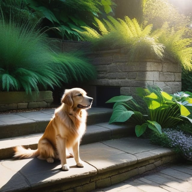 A curious cat sits on a worn stone step, eyes fixed on a fluttering leaf as the warm sunlight casts a gentle glow on its soft fur. Next to it, a playful golden retriever lies stretched out, tongue lolling out of its mouth, enjoying the warm rays and watching the cat with eager affection. The camera's low angle captures the duo's relaxed profiles against a blurred backdrop of lush greenery and rustic garden walls, with the sun's rays dancing across their features in a delightful display of texture and light.