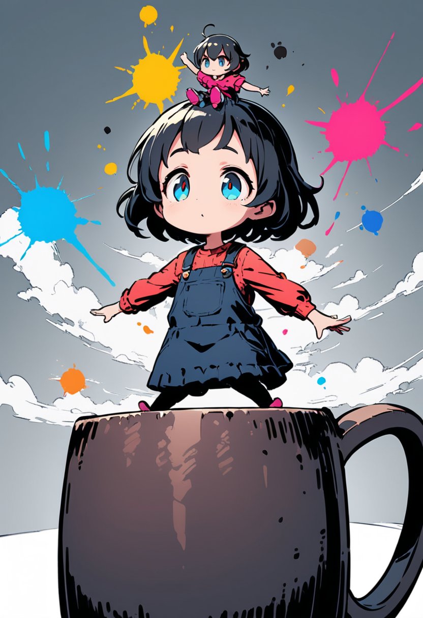 (flat:1.4),(black color illustration),masterpiece,best quality,ultra detailed,4K,super fine illustration,highly detailed beautiful face and eyes,professional,(A tiny girl balancing on the rim of a giant mug:1.5), playful and agile, maintaining her balance with her arms outstretched, short hair, wears a casual outfit. The mug is enormous and detailed, emphasizing its size compared to the tiny girl. The simple background , ensuring the focus remains on the girl and the giant mug,dal-6 style,Color Splash