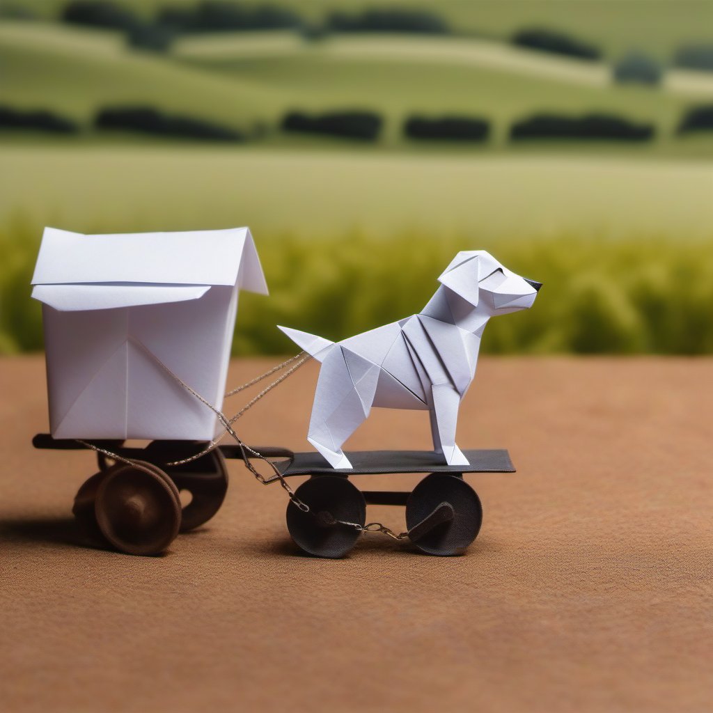 An origami dog is chained to a wagon through a chain, dog is standing on the ground, and at a distance from the wagon, a wide shot with road and field as background