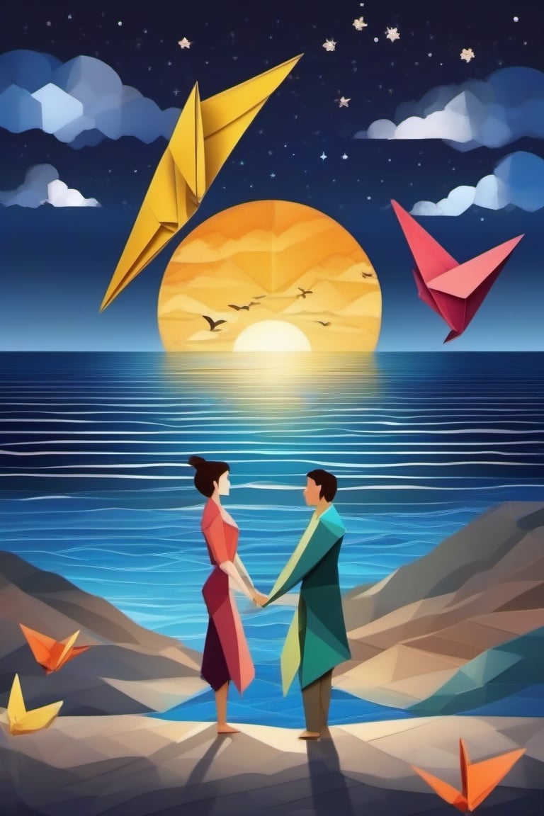 Origami, one man and a woman looking at each other, dark sky at night, standing near an ocean, smiling, dancing 