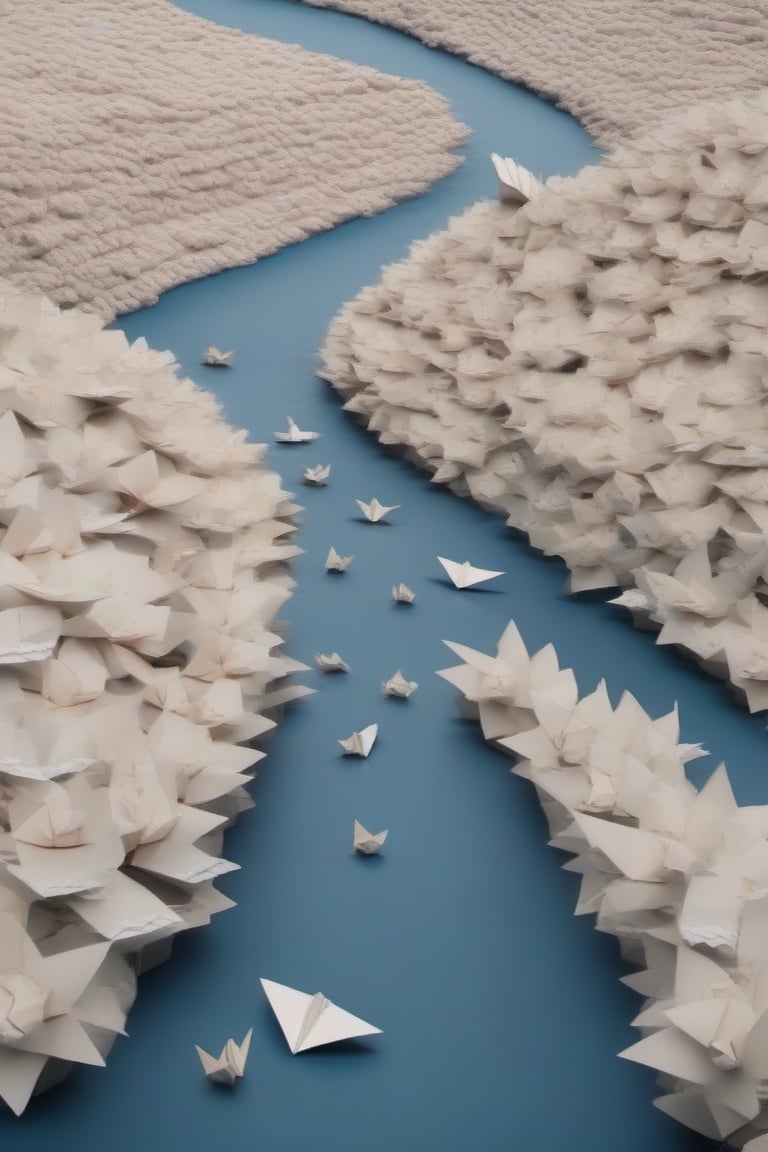 Wide shot of a river with origami cannons
