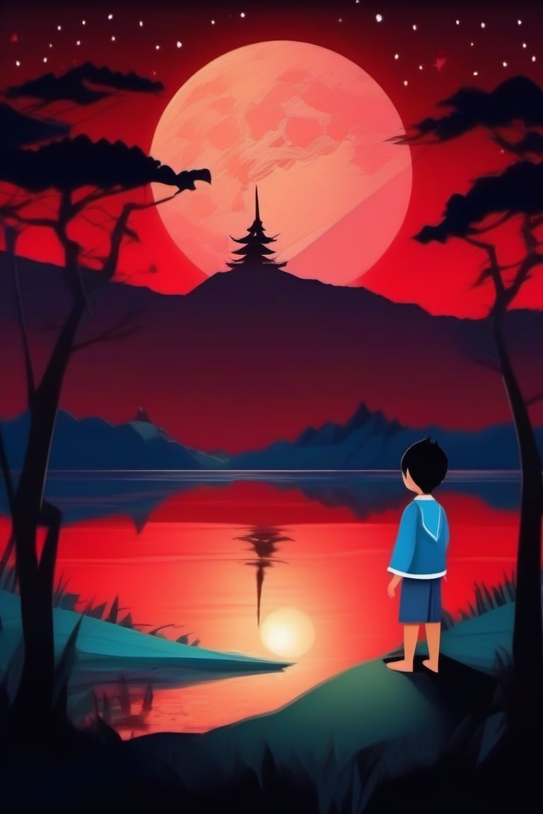 Origami, one village  boy(7 years old) standing on a high cliff of a hill at night, watching the reflection of the full red moon in a big lake, dark midnight scene 
