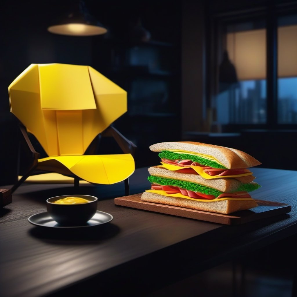 Origami one big sandwich placed on a black wooden table, one yellow chair in a study room, dark light, night scene, medium shot
