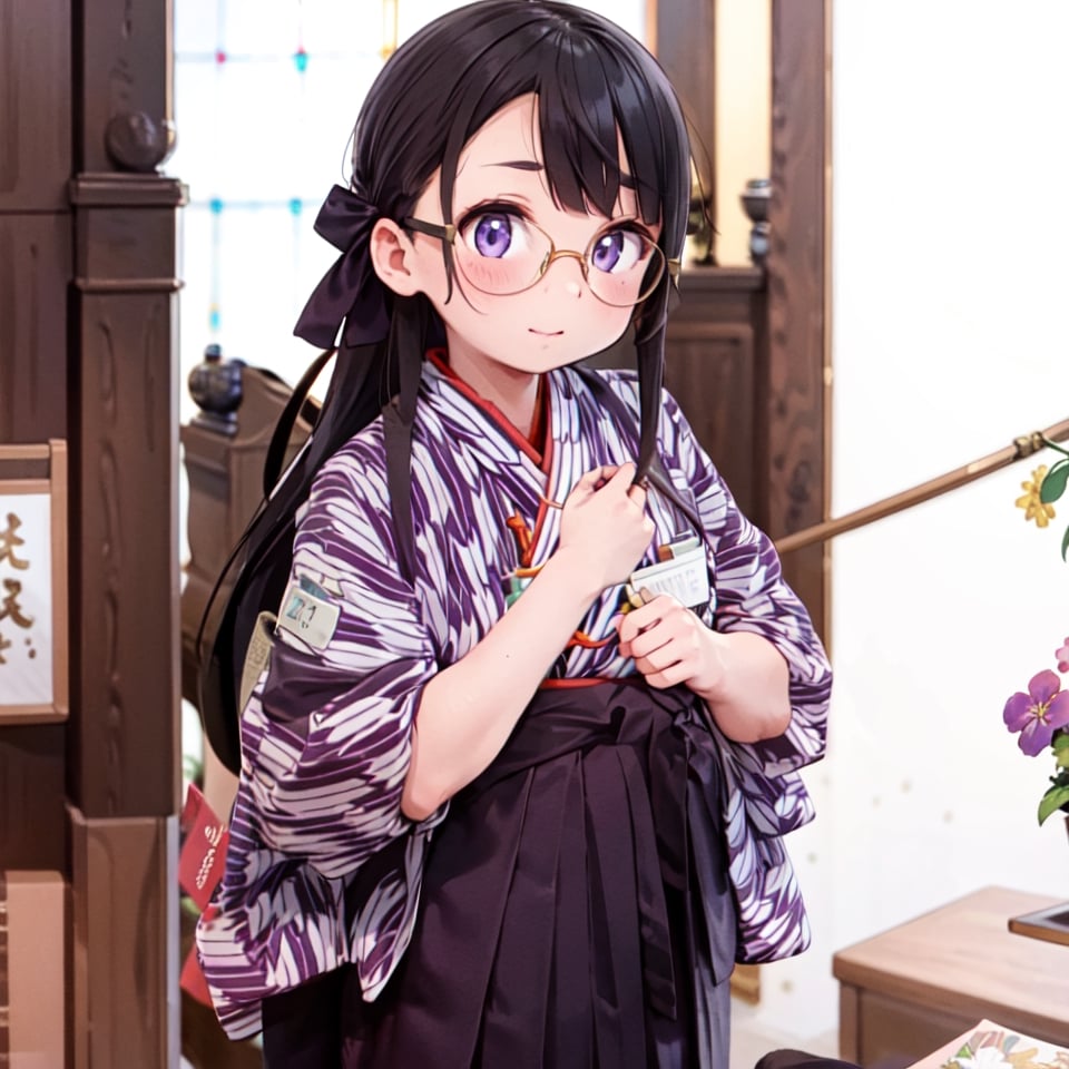 best quality, ultra-detailed, illustration,BMC, 1girl, black hair, long hair, glasses,  japanese clothes, yagasuri, hakama skirt, purple hakama, kimono, indoors,  