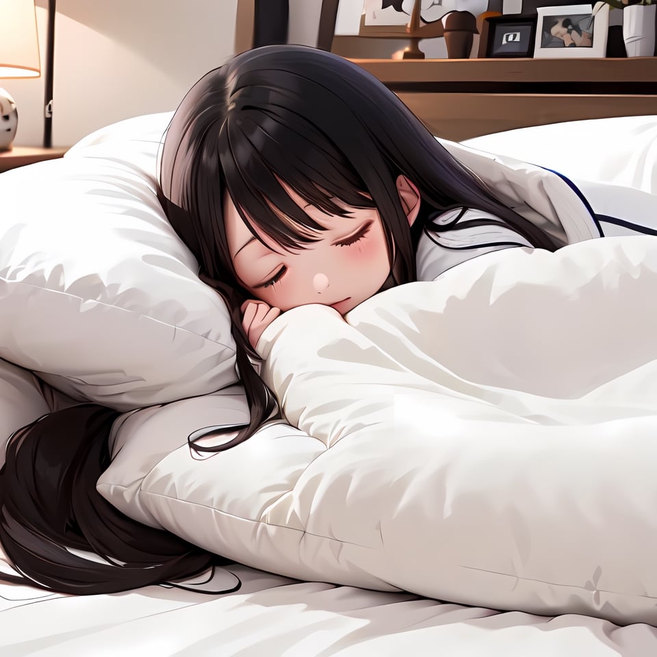 best quality, ultra-detailed, illustration,futon, 1girl, solo, black hair, sleeping, closed eyes, bed, lying, under covers, blanket, pillow, indoors, long hair , 