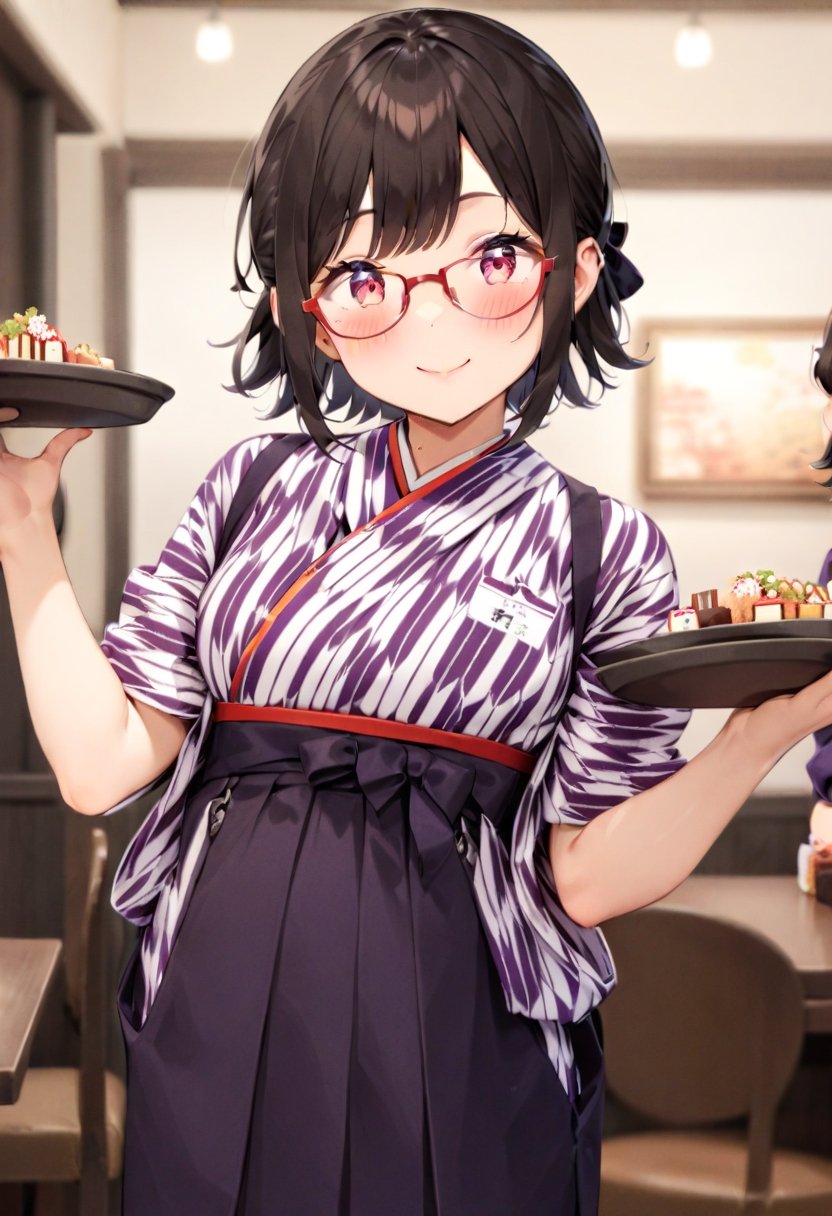 masterpiece, best quality, very aesthetic, absurdres, cute, 1girl, solo , glasses, black hair, medium hair, smile, looking at viewer, happy, smile,BMC, yagasuri, japanese clothes, 1girl, smile, waitress, hakama skirt, food, solo focus, real life insert, brown hair, yagasuri,standing, , hakama