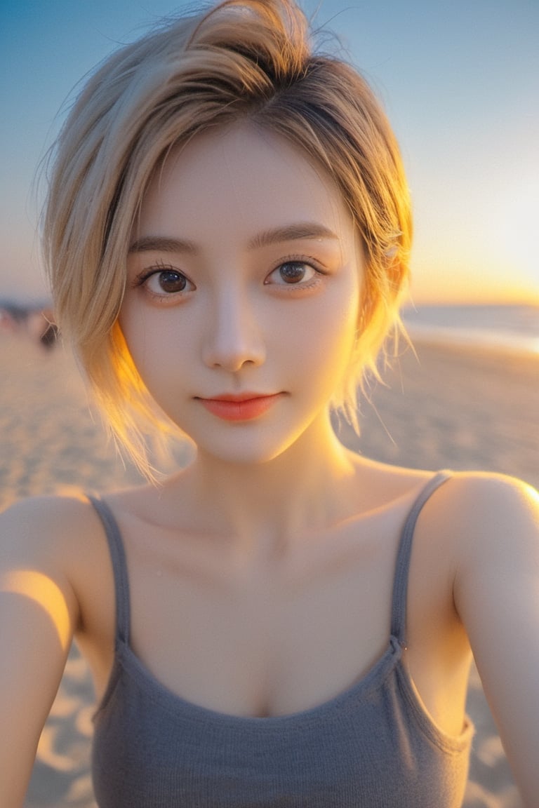 xxmixgirl,1girl, fisheye, selfie, breeze, short_messy_hair, blond_hair, bikini, atmospheric, aesthetics, beach, crowd, dusk, smiling,Xxmix_Catecat,3d style,cutegirlmix