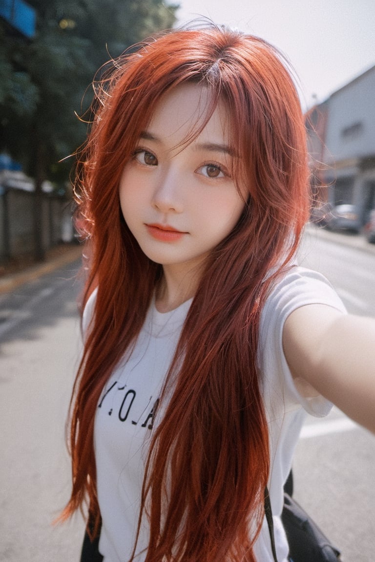 xxmixgirl,1girl, fisheye, selfie, breeze, messy_hair, red_hair, sportwear, atmospheric, aesthetics, street, smiling,Xxmix_Catecat,3d style,cutegirlmix