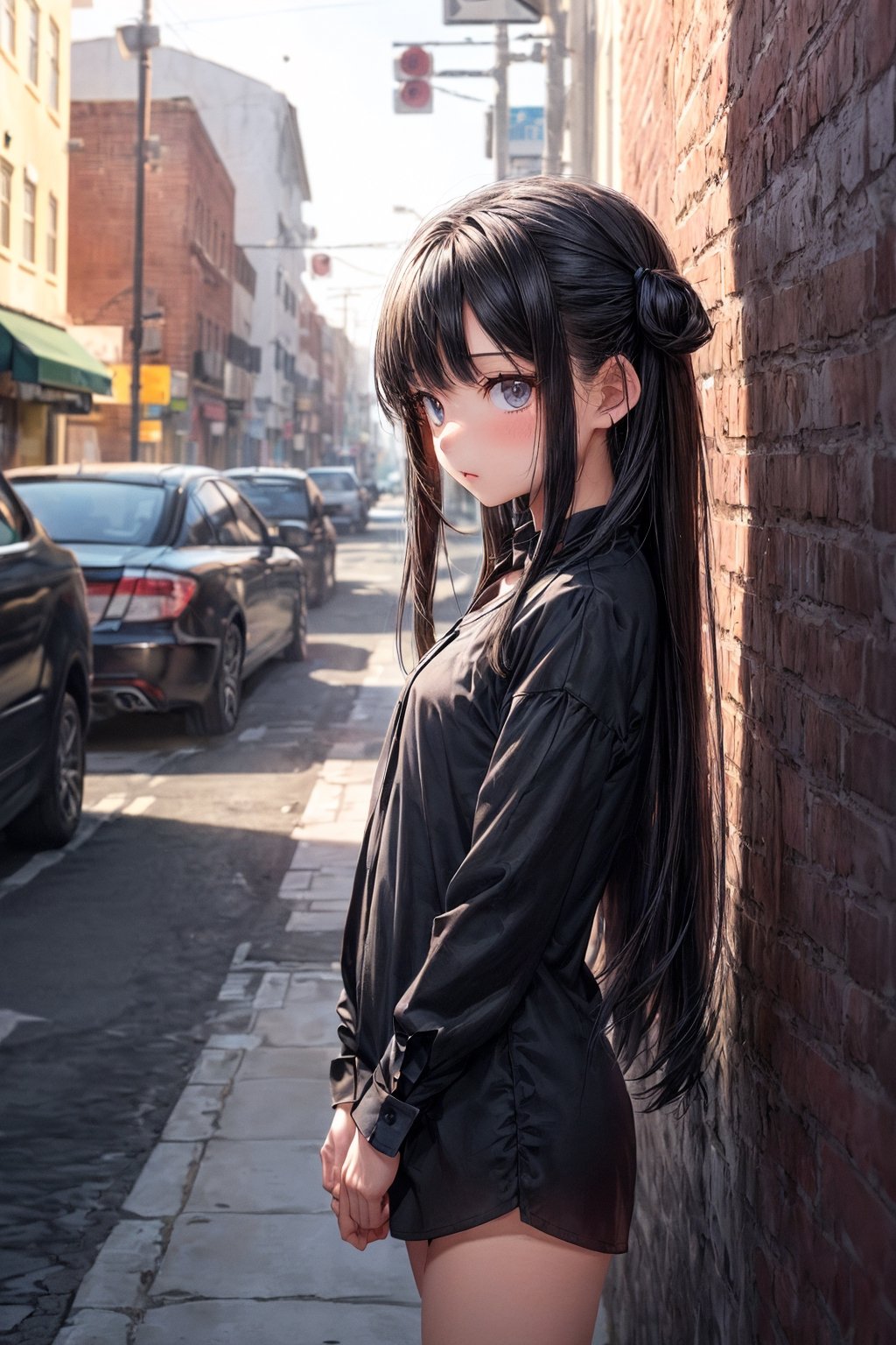 (loli a girl cute:1.3),(realticks:1.5),(she's pure Black half straight long cut hair:1.2), She is waiting for someone on the street corner,(menhera:1.3), She is standing,(she's wearing black Thin shirt fabric minimum one-piece:1.3),Brick wall background,look at side