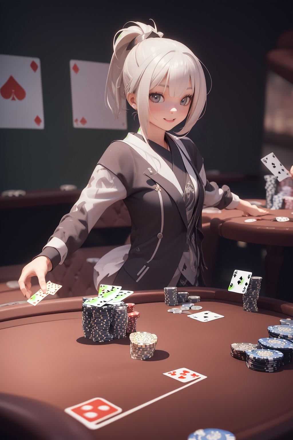 (3D composition:1.5),(The entire piece is a poker game with playing cards:1.5),(she is ponytail cut hair style A young elementary Japanese school girl shines like a highly three-dimensional figure),(She has a bouncing smile on her face),(She is wearing poker dealer suit),(Her hair is shoulder-length with shiny cuticles),(high quality1.5)