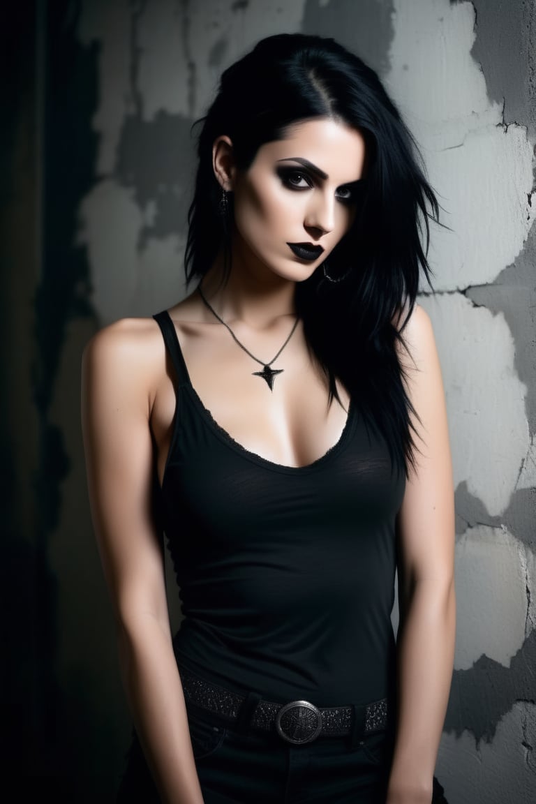 Studio photography: A moody, high-contrast shot of a stunning goth woman posing confidently in front of a distressed concrete wall. She wears a tight-fitting tank top without a bra, her porcelain skin and raven hair drawing attention to her striking features. The analog photograph has a warm, film-like quality, with subtle grain and texture. Her eyes seem to pierce through the darkness as she gazes directly at the camera. The framing is tight, with the subject's body forming a diagonal line that leads the viewer's eye to her enigmatic expression.