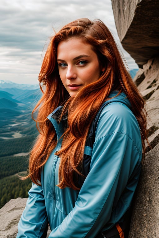 1girl, solo, long hair, looking at viewer, blue eyes, long sleeves, outdoors, orange hair, lips, realistic,  mountain climbing, 