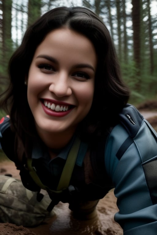 A solo female soldier with long black hair and piercing blue eyes smiles confidently as she crawls through a muddy forest terrain, her battle dress covered in dirt and debris. Her gaze directly confronts the viewer, exuding a sense of determination and resilience.,(((photorealism:1.4)))