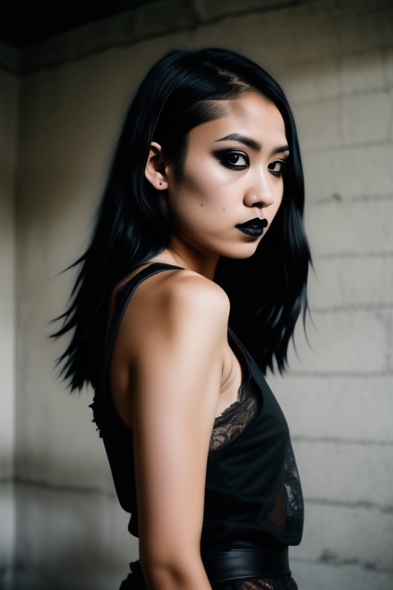 Mysterious gaze of an Indonesian goth woman pierces through the lens as she stands confidently before a distressed concrete wall in a moody, high-contrast studio setting. Tight tank top showcases porcelain skin and raven hair against a backdrop of warm, film-like tones with subtle grain and texture. Her enigmatic expression holds focus as her piercing eyes lock onto the camera. The framing is tight, with the subject's body forming a diagonal line that draws the viewer's eye to her captivating gaze, where black lipstick and lace accents add an air of mystique. full body, 