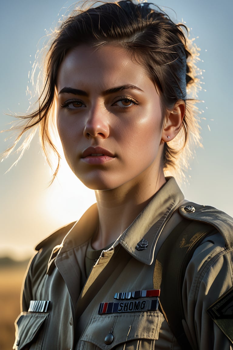 A determined young female soldier stands tall amidst a vast open field, her piercing gaze fixed intently on some distant horizon as the warm sunlight casts long shadows behind her, highlighting her rugged yet elegant demeanor. photorealism:1.4