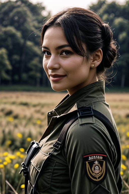 A determined young female soldier stands tall amidst a vast open field, her piercing gaze fixed intently on some distant horizon as warm sunlight casts long shadows behind her, highlighting her rugged yet elegant demeanor. She poses confidently, one hand resting on the grip of her sniper rifle, her dark hair tied back in a bun revealing a strong jawline and defined facial features. Her serious expression is subtly tempered by a playful smile and a flirtatious glint in her eyes, as if she's sharing a secret with the viewer.