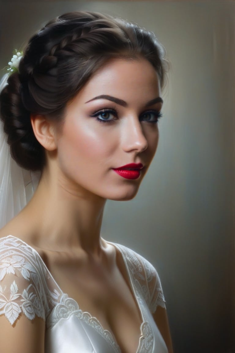 The task is to annotate the image by describing its content using natural language. The image contains a woman who appears to be dressed in bridal attire, indicated by the style of her dress and the overall aesthetic. Key features to note include her hairstyle, makeup, and the delicate lace detailing on her garment. The lighting and setting suggest a calm and serene atmosphere, possibly intended to evoke a sense of tranquility or introspection. The focus on the woman's profile adds a layer of depth to the portrait, inviting viewers to consider her thoughts or emotions.

