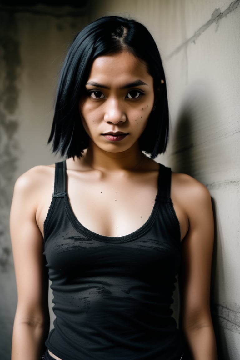 A moody, high-contrast studio photograph of an Indonesian goth woman posing confidently in front of a distressed concrete wall. She wears a tight-fitting tank top without a bra, her porcelain skin and raven hair drawing attention to her striking features as she gazes directly at the camera with piercing eyes. Warm, film-like tones with subtle grain and texture dominate the analog image, emphasizing her enigmatic expression. The framing is tight, with the subject's body forming a diagonal line that leads the viewer's eye to her captivating gaze.