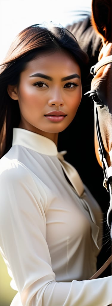 A stunning bokeh-inspired portrait of an Indonesian woman riding confidently on horseback, gaze direct at the camera amidst black locks framing her features. Tight white breeches and crisp blouse accentuate her figure, with subtle hint of cleavage. Moody lighting casts warm glow on skin, contrasting cool tones of attire. A bow adorns her head, adding whimsy to this photorealistic scene where fantasy and equine elegance converge, beauty reigning supreme in a world where reality meets fantasy.