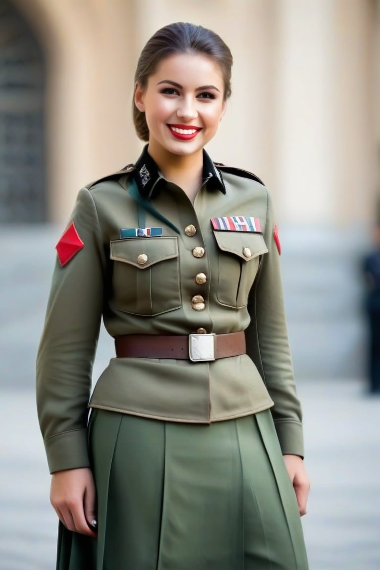 Beautiful young female soldier, in skirt, standing with a smile on her face