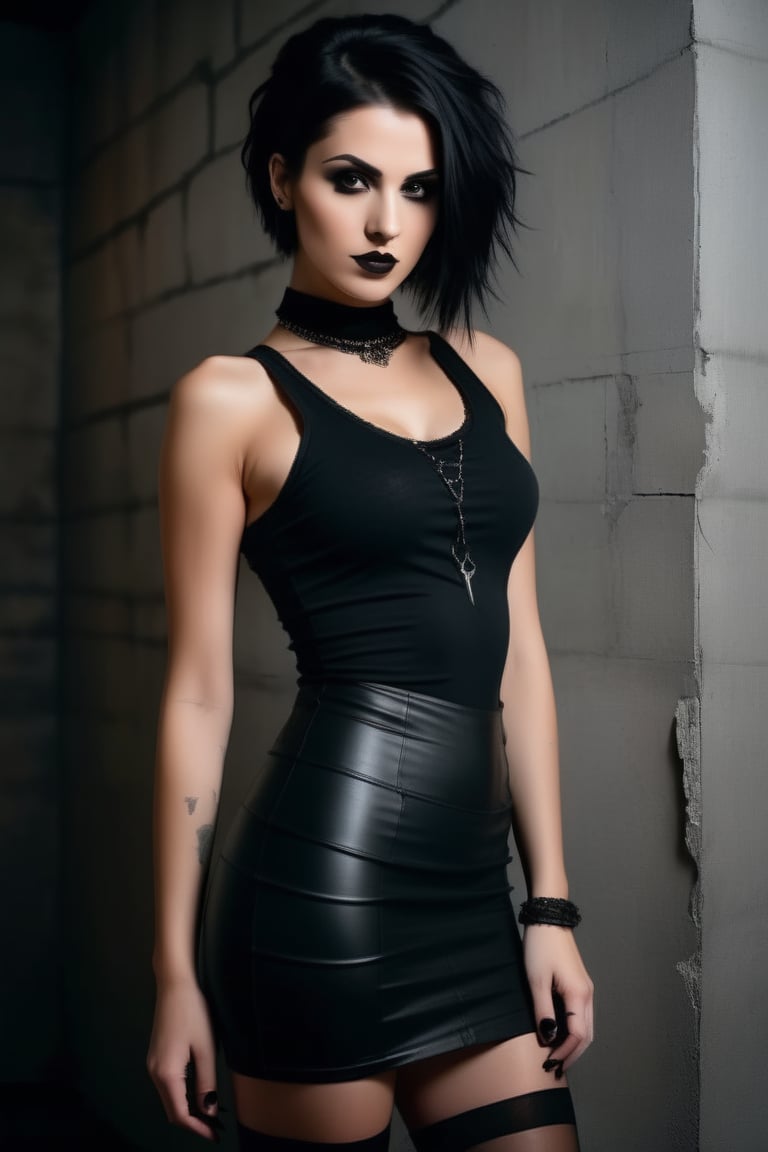 A goth woman stands confidently before a distressed concrete wall in a moody studio setting. Warm lighting with subtle grain and texture illuminates her porcelain skin and raven hair against the dark background. Her piercing eyes gaze directly at the camera, expression enigmatic. The tight tank top accentuates her physique, drawing attention to her navel piercing. A diagonal line formed by her body leads the viewer's gaze to her captivating expression. Short pencil skirt and black stockings add a touch of sophistication.