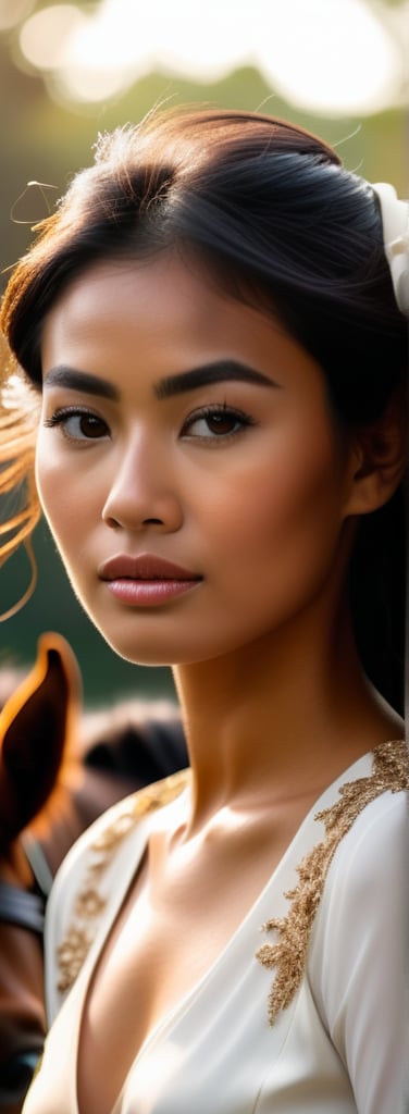 A stunning bokeh-inspired portrait of an Indonesian woman riding confidently on horseback, gaze direct at the camera amidst black locks framing her features. Tight white breeches and crisp blouse accentuate her figure, with subtle hint of cleavage. Moody lighting casts warm glow on skin, contrasting cool tones of attire. A bow adorns her head, adding whimsy to this photorealistic scene where fantasy and equine elegance converge, beauty reigning supreme in a world where reality meets fantasy.