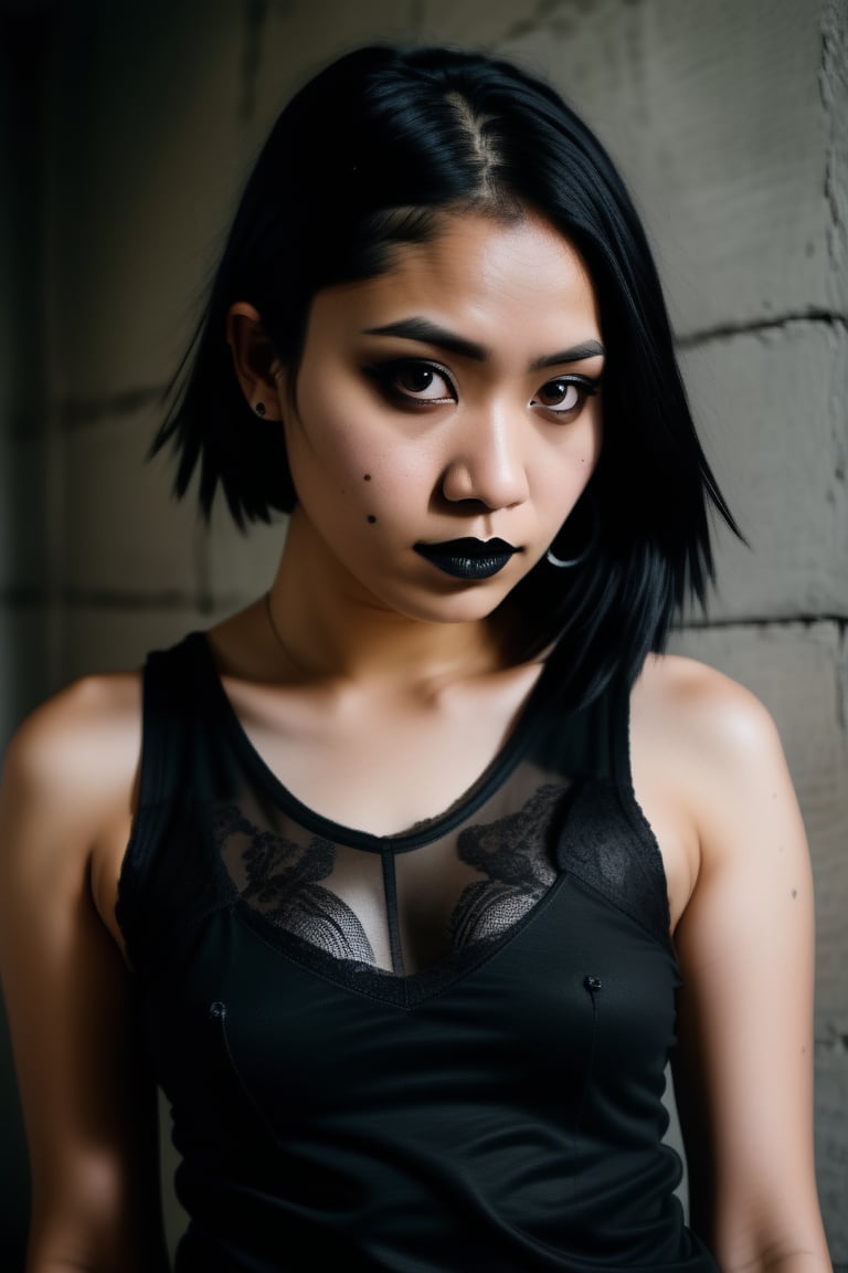 Mysterious gaze of an Indonesian goth woman pierces through the lens as she stands confidently before a distressed concrete wall in a moody, high-contrast studio setting. Tight tank top showcases porcelain skin and raven hair against a backdrop of warm, film-like tones with subtle grain and texture. Her enigmatic expression holds focus as her piercing eyes lock onto the camera. The framing is tight, with the subject's body forming a diagonal line that draws the viewer's eye to her captivating gaze, where black lipstick and lace accents add an air of mystique. full body, 