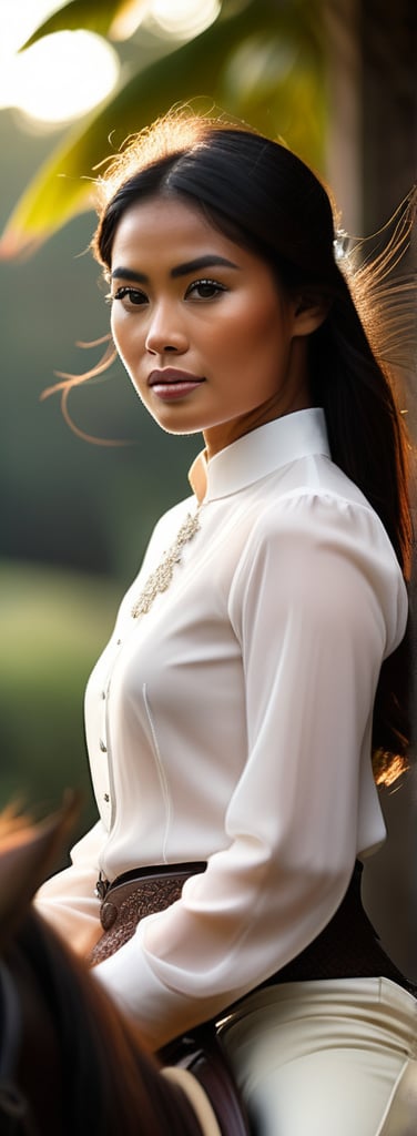 A stunning bokeh-inspired portrait of an Indonesian woman riding confidently on horseback, gaze direct at the camera amidst black locks framing her features. Tight white breeches and crisp blouse accentuate her figure, with subtle hint of cleavage. Moody lighting casts warm glow on skin, contrasting cool tones of attire. A bow adorns her head, adding whimsy to this photorealistic scene where fantasy and equine elegance converge, beauty reigning supreme in a world where reality meets fantasy.