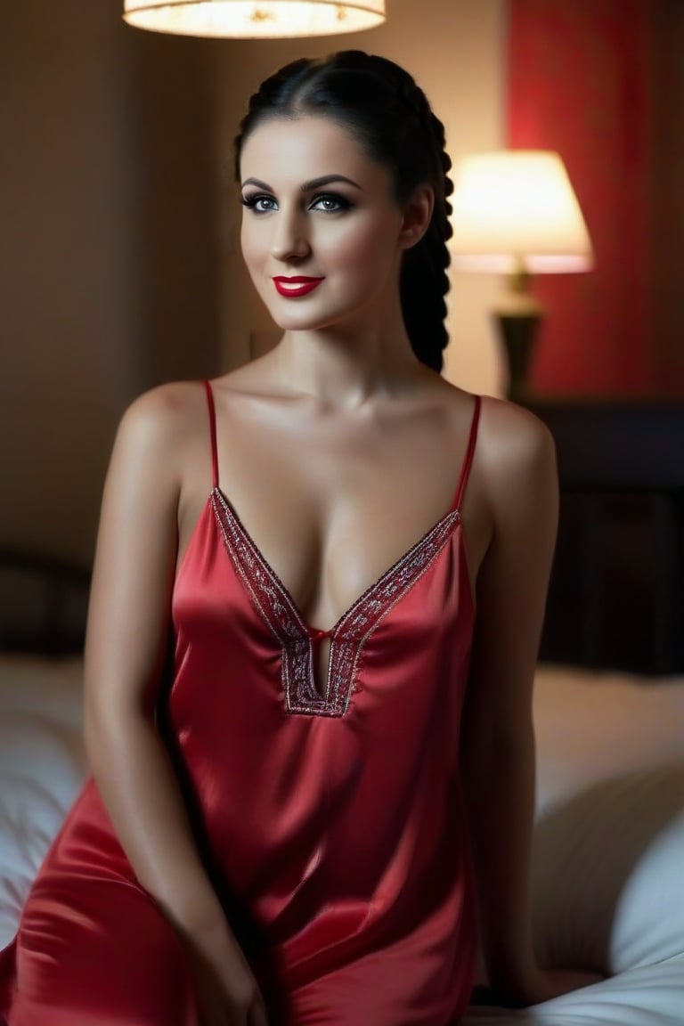 High quality image, an attractive 21 Russian woman, black hair long length in braid, no makeup, medium bust, wearing a red nightie, sitting on a bed in a dimly lit bedroom, looking at camera, dramatic lighting, blurred background