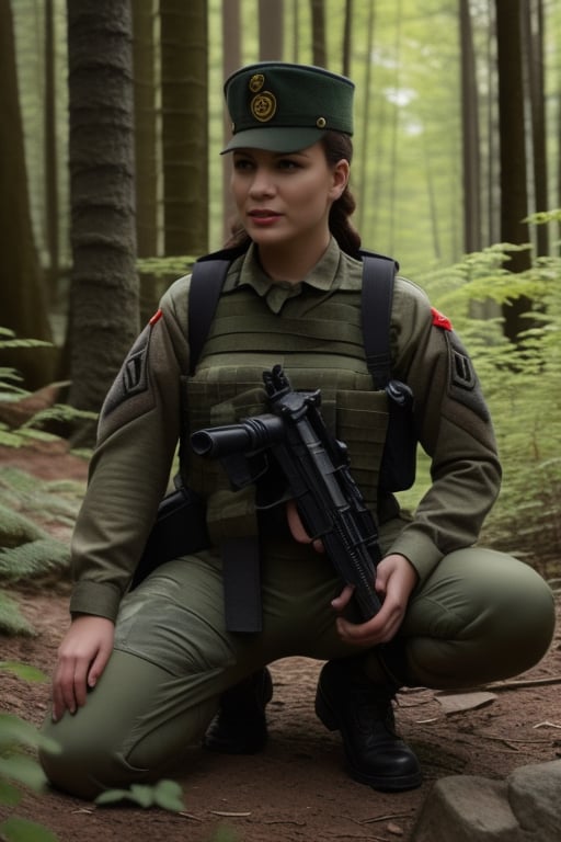 A female soldier, dressed in military attire and camouflage gear, sits confidently in a forest background. The subject wears long sleeves, a hat, and boots with brown footwear. Their pants are adorned with knee pads. In their grasp is an assault rifle, with a pouch attached to the belt. A gun lies by their side, as they gaze directly into the camera lens. The framing emphasizes their full-body pose, capturing every detail of their military uniform.,(((photorealism:1.4)))