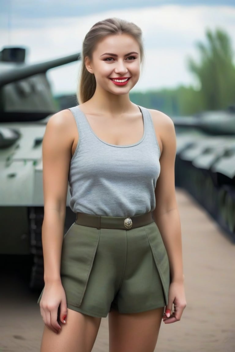 Beautiful young Russian female soldier, in skirt, standing with a smile on her face, tank top and shorts, no cap or hat