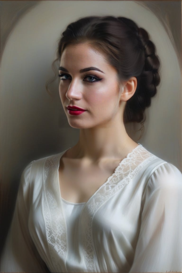 The image contains a woman who appears to be dressed in a simple white blouse, indicated by the style of her dress and the overall aesthetic. Key features to note include her hairstyle, makeup, and the delicate lace detailing on her garment. The lighting and setting suggest a calm and serene atmosphere, possibly intended to evoke a sense of tranquility or introspection. The focus on the woman's profile adds a layer of depth to the portrait, inviting viewers to consider her thoughts or emotions.

