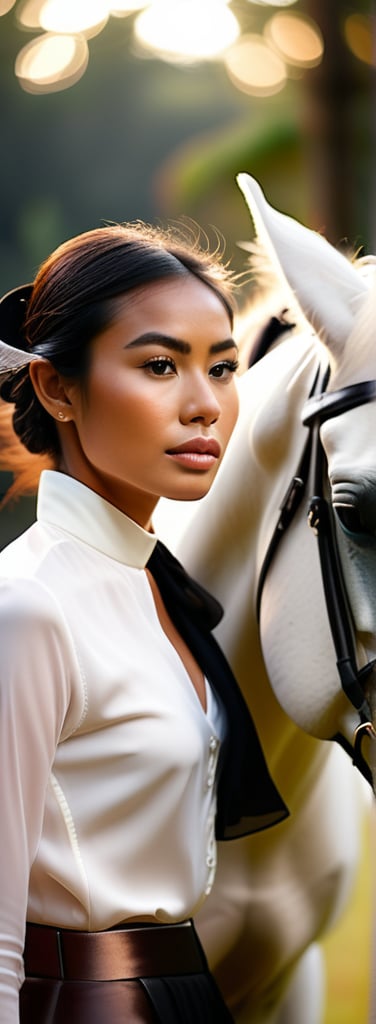 A stunning bokeh-inspired portrait of an Indonesian woman riding confidently on horseback, gaze direct at the camera amidst black locks framing her features. Tight white breeches and crisp blouse accentuate her figure, with subtle hint of cleavage. Moody lighting casts warm glow on skin, contrasting cool tones of attire. A bow adorns her head, adding whimsy to this photorealistic scene where fantasy and equine elegance converge, beauty reigning supreme in a world where reality meets fantasy.