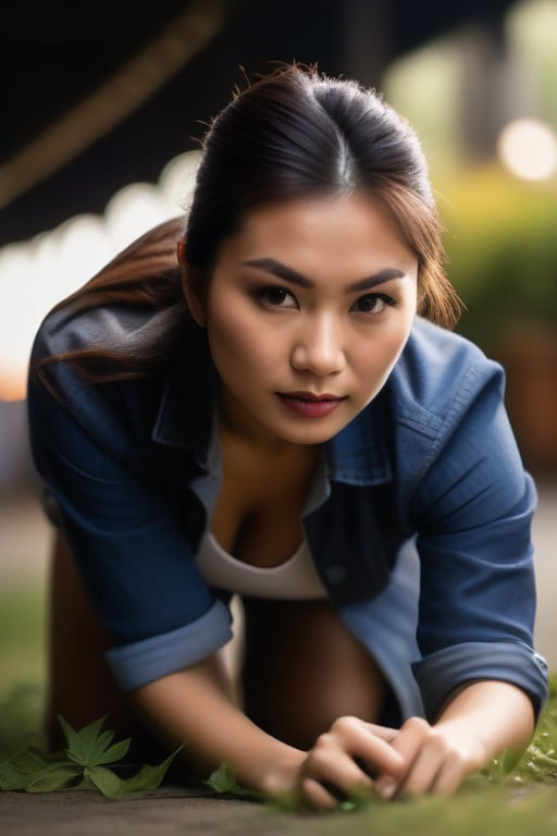 Photorealistic, ultra highly intricate detailed, professional photo of an Asian girl (((crouching very close in front of the viewer:1.4))), (((facing the camera directly:1.4))). Full-body shot, wearing a stylish outfit, (((crouching low with hands on the ground:1.4))), ready for action or play. The scene uses portrait lighting with subpixel rendering and smooth vertex shading. The image should be of the best quality, sharp focus, masterpiece, 8k high definition, insanely detailed and intricate (1.1). The scene includes bokeh effects and is captured from a worm's-eye view.