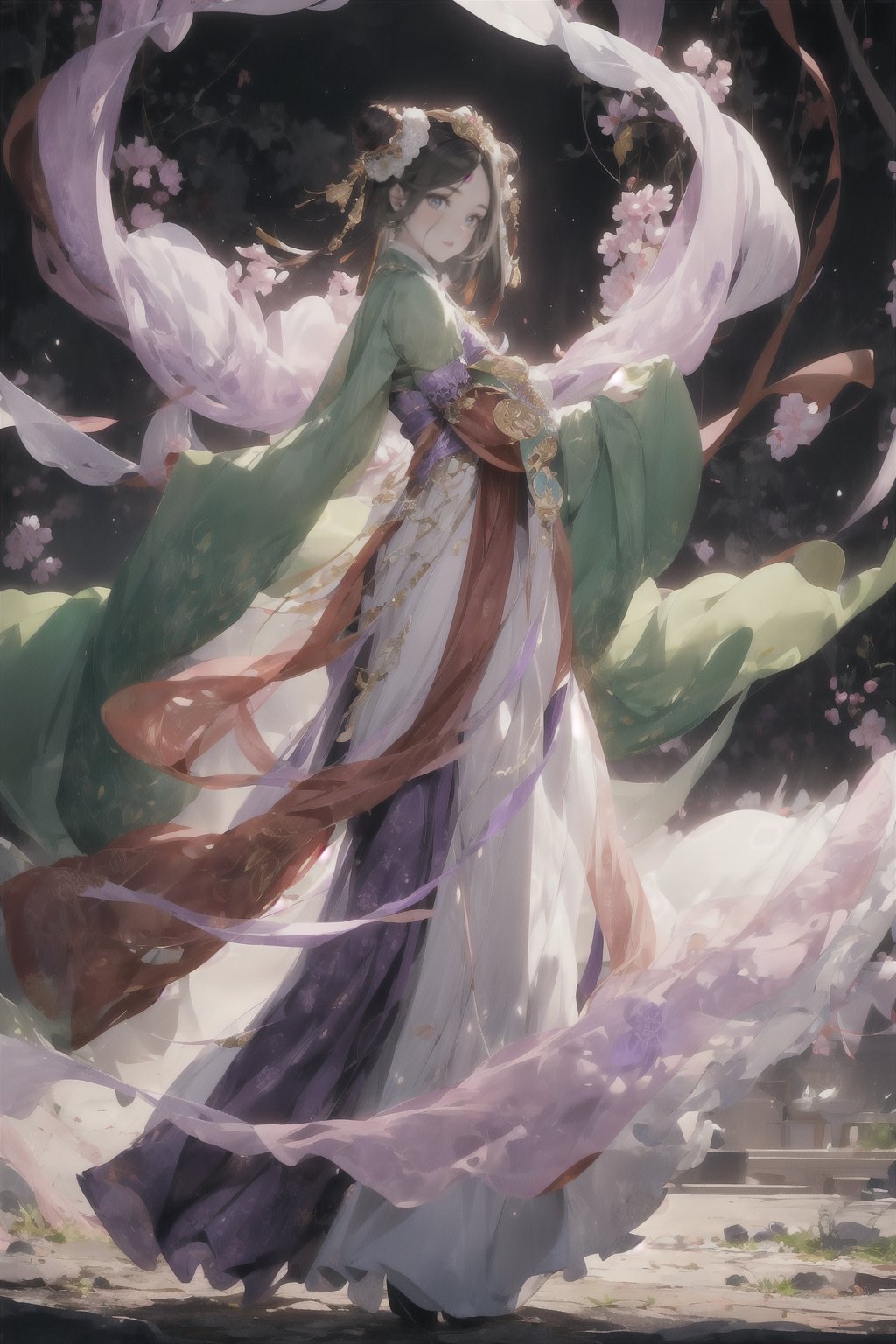 1girl, Chang'e, a character of ancient flying immortal, full body, main theme color is light purple, female, dark brown hair, flying immortal hairstyle, double circular hair buns with hollow centers, forehead has a piece of jade in a vibrant green color, (green eyes),  light purple robe, circled by a thin pink streamer, hold a dark purple amethyst wand in right hand, character art, concept art, high resolution, highly detailed, extremely detailed eyes, detailed face, 8k, day, hanfu, rabbit, mist around, masterpiece, balanced body, cinematographic light, human hands, each hand with five fingers