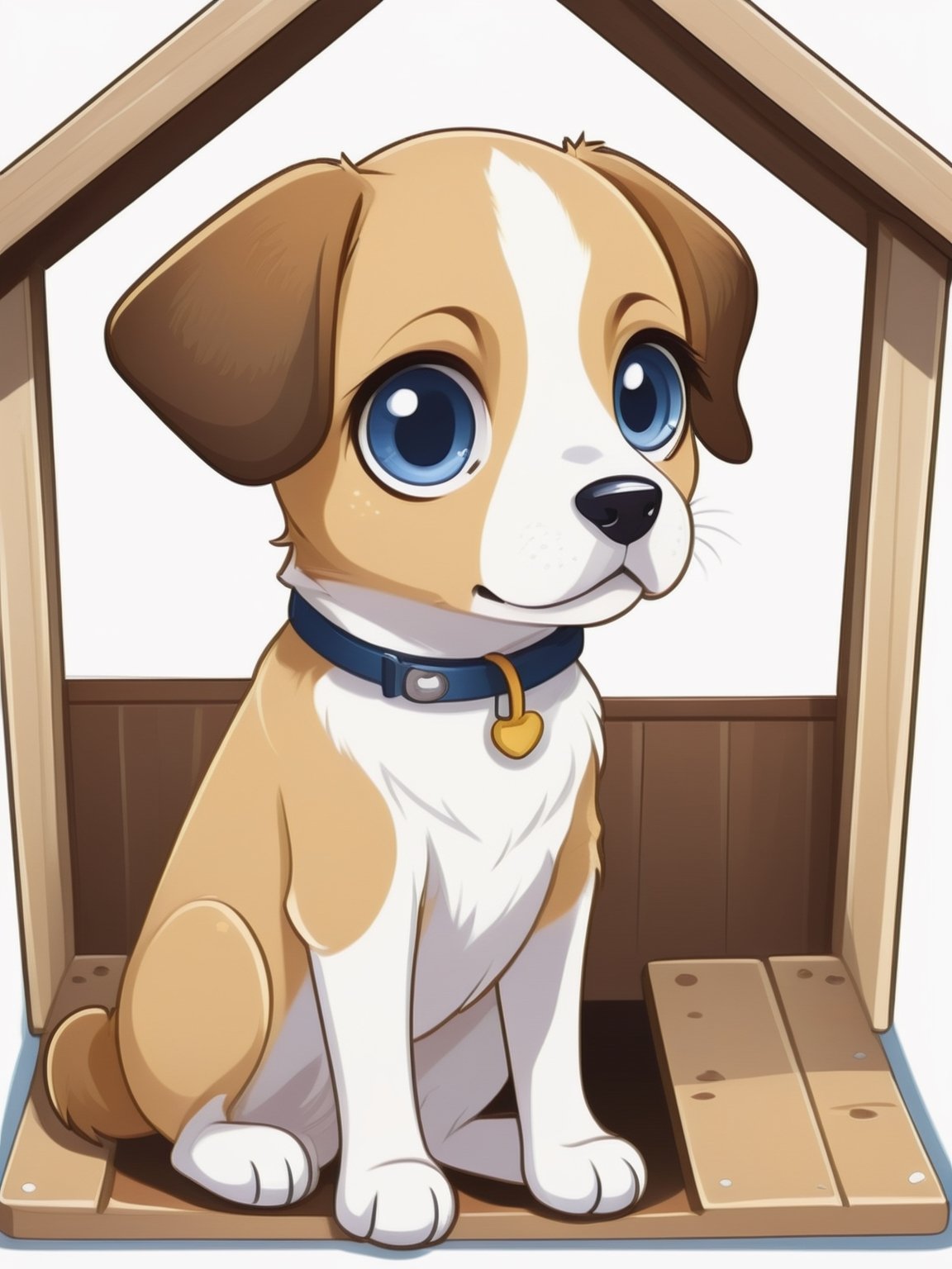 Sticker, 2.5D, A dog in doghouse, cute face,big eyes,brown-hair ,full body,,4k,blue_eyes, white background,