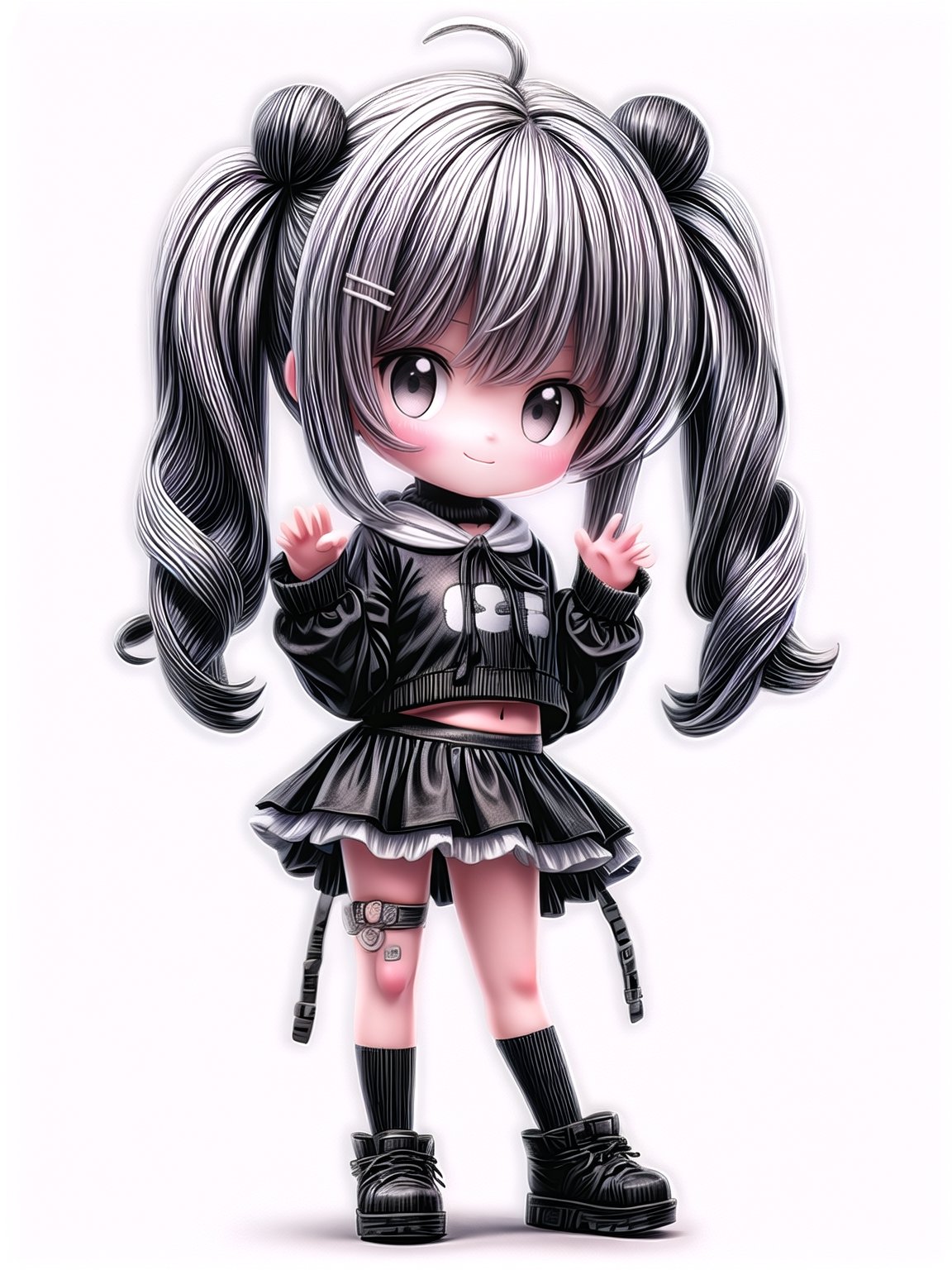 ((Sticker)),(( a cute girl)) white mini skirt and short T-shirt,hair clip in lovely black and white hair, glossy lips, big cute eyes, white background((cute pose)),4K, 2.5D ,chibi,full body,Haute_Couture,edgCT 