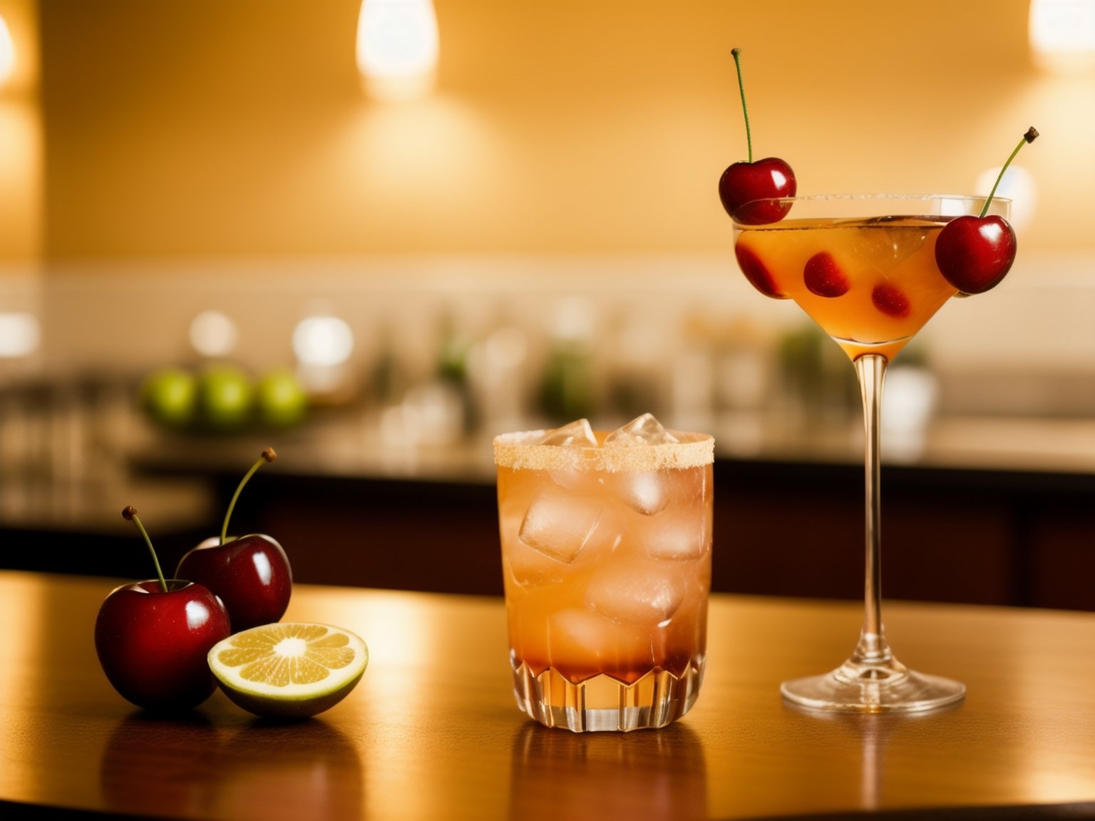 cherry, fruit, food, focus, cocktail glass, cup, blurry, drinking glass, still life, table, cocktail, bokeh, drink, ((blurry background))