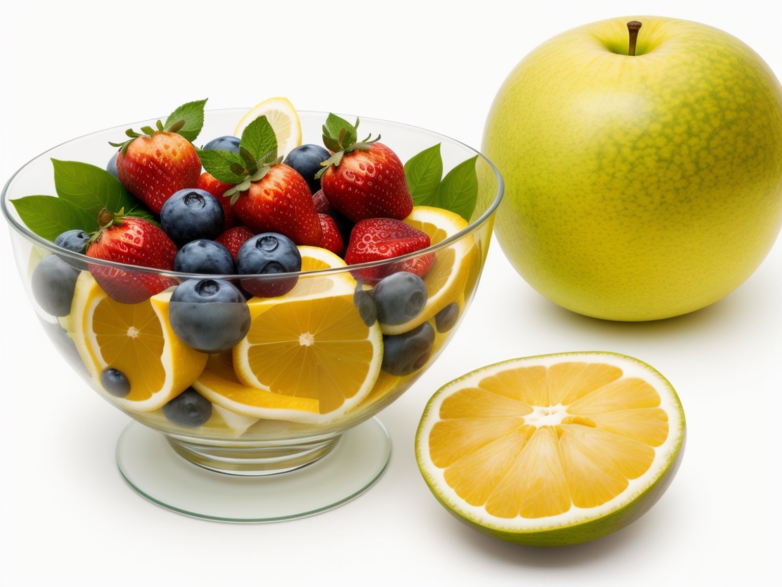 Delicious  with glass bowl on a table surrounded by fruits ((white background)),