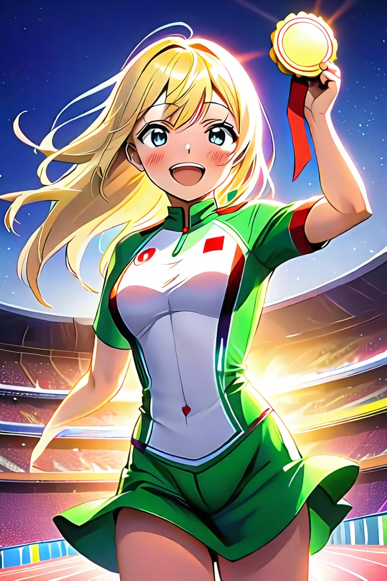 A beaming Blonde anime girl, uniform aglow in bright green and white, holds aloft a gleaming gold Olympic medal against a warm, soft lighting backdrop. Her triumphant pose is bathed in a subtle glow as a blurred crowd cheers and chants behind her. The vibrant blue track of the Olympic stadium stretches out, with her sparkling eyes shining brightly, and a radiant smile spreading across her face as she cradles the medal in her hands.