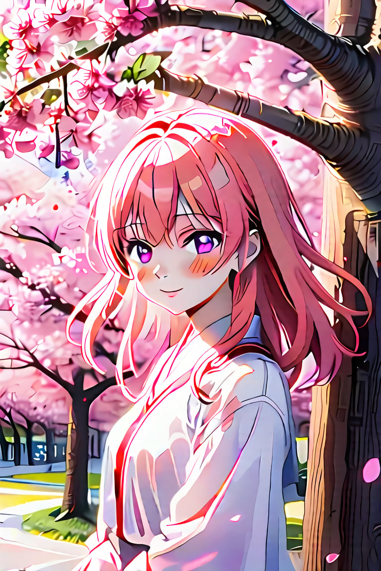 A cute anime girl next  to a cherry blossom tree