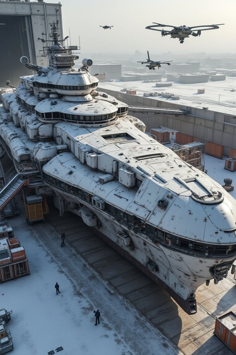 Masterpiece, best quality, ultra detailed, 8K, absurd, photorealistic, realistic photo, ultra realistic photo, raw photo, 3D rendering, 3D model, sci-fi, next to  a futuristic hanger base, Colossal sized white  and black metallic colored Warship parked on the snowy ground, damged , dirty, cargo gangway taking cargo on board, drones flying around welding, ground crew,  hazy, super cool, perfect details, amazing details, incredible details, ultimate details, detailed background, dramatic composition, very clear--niji 6,real robot