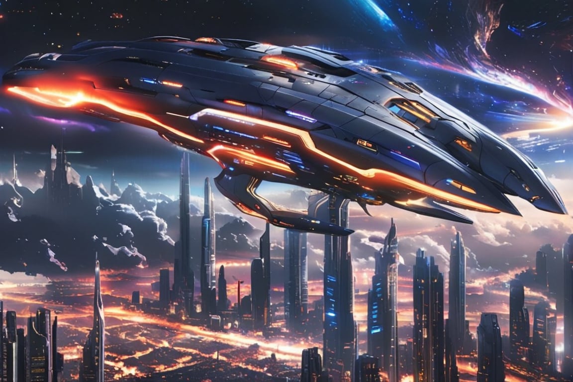 A dark menacing alien space ship descends into a city  of the desert landscape, its metallic surface reflecting the scorching sun's rays. In the distant background, a celestial canvas showcases a stunning City, their vibrant hues and swirling clouds a striking contrast to the Futuristic city. The ship's landing gear stretches out as it settles onto the city expanse.