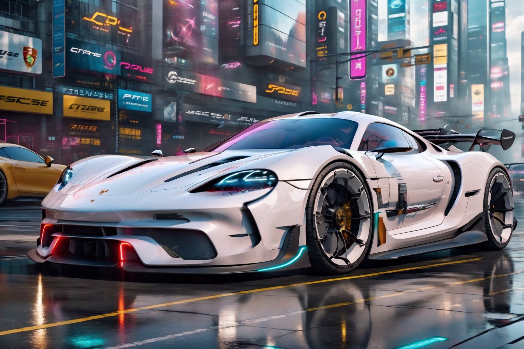 A futuristic hi-tech  Super car inspired by Porsche, Cyberpunk-inspired Super car, White, black spoked wheels, on the road in city area background, at mid day time, front view, symmetrical, 