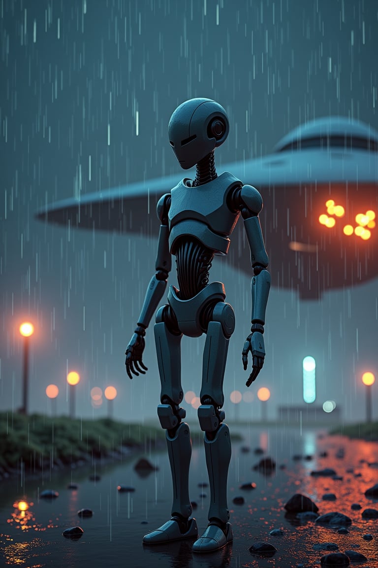   A Star wars droid world at night with great attention to detail, a futuristic space ship landing and taking off, at night in the rain. detailed, dynamic beautiful pose, dynamic pose, natural light, ((realistic)) quality: 1.2), dynamic distance shot, cinematic lighting, perfect composition, super detail, masterpiece, (best) quality: 1.3), reflection, high resolution CG Unity 8K wallpaper, simple background, masterpiece, (photorealistic): 1.2), random angle, side angle, full body,