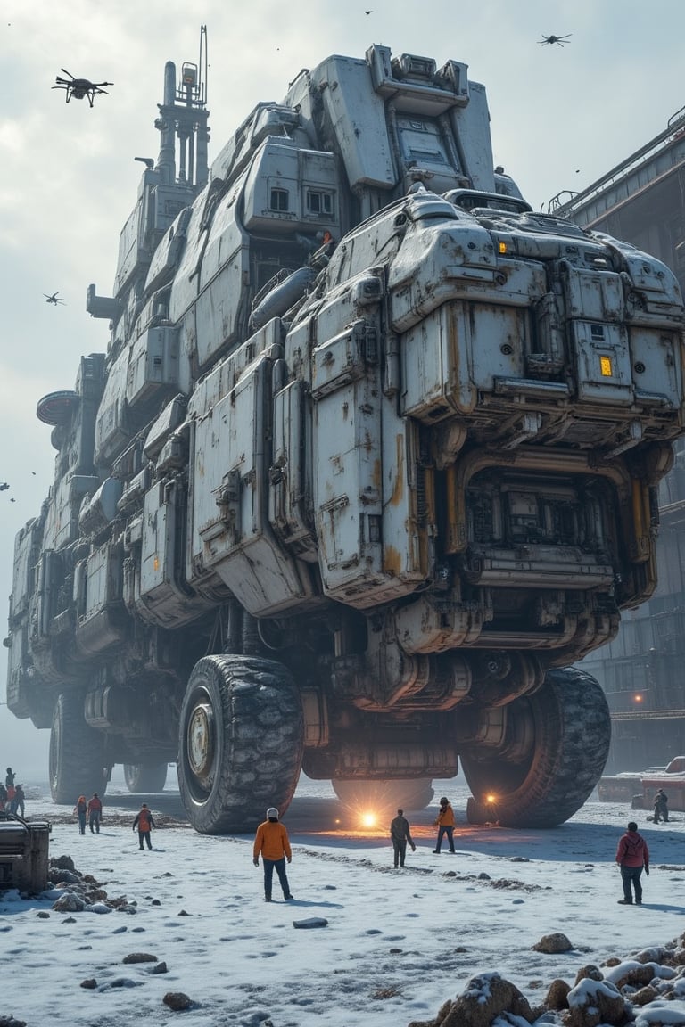 Masterpiece, best quality, ultra detailed, 8K, absurd, photorealistic, realistic photo, ultra realistic photo, raw photo, 3D rendering, 3D model, sci-fi, next to  a futuristic hanger base, Colossal sized white  and black metallic colored Warcraft parked on the snowy ground, damged , dirty, cargo gangway taking cargo on board, drones flying around welding, ground crew,  hazy, super cool, perfect details, amazing details, incredible details, ultimate details, detailed background, dramatic composition, very clear--niji 6,real robot