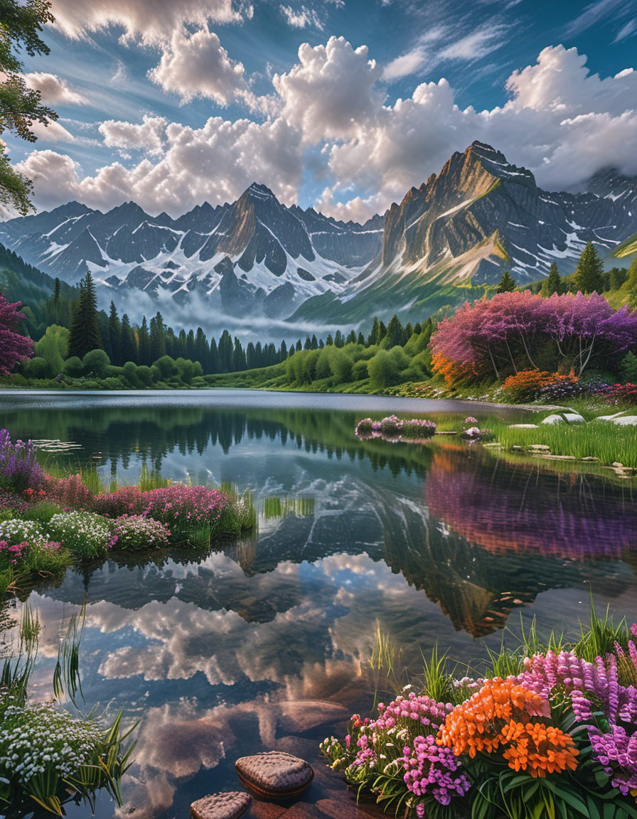 A beautiful fantasy landscape, with mountains and trees, and a majestic sky with white clouds, a lake can be seen that is still like a mirror reflecting the sky, the grass is green and dark purple like lavender, orange flowers that brings magic to the place, it was morning day cinematic 8k photography shot by Sony cameras, ultra realistic,more detail XL