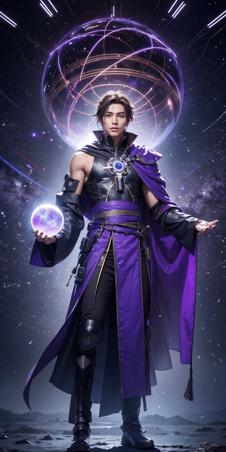 Lean male techno Mage, radiating an aura of controlled power. Hints of cybernetic enhancements seen augmenting his body. Wearing robes of deep purple , woven with shimmering threads that faintly trace constellations across the fabric. Standing with feet planted shoulder-width apart, arms outstretched slightly upwards. One hand gently cradles an orb of raw energy. Backdrop is a spaceship wasteland